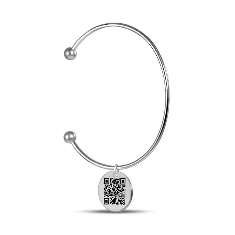A stainless steel bangle with a flat engraved plate carrying a QR code.