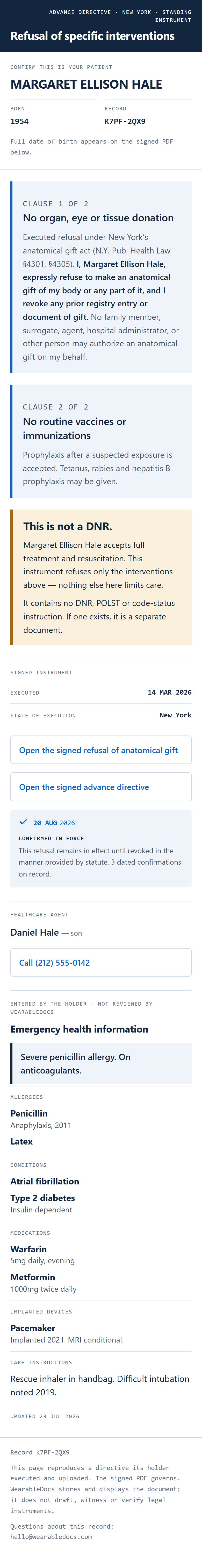 A directive record page on a phone, as a clinician sees it after scanning the code