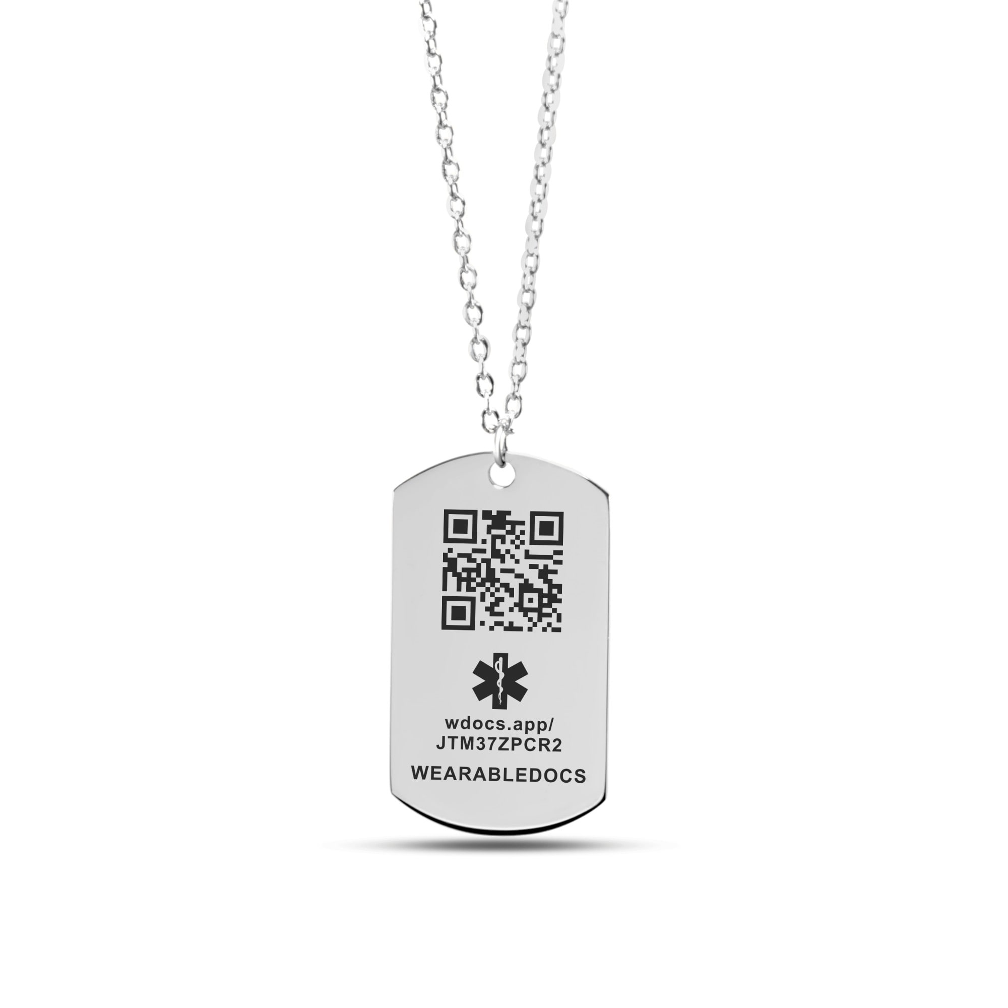 The steel tag pendant with its marked QR code and Star of Life, on a plain ground.