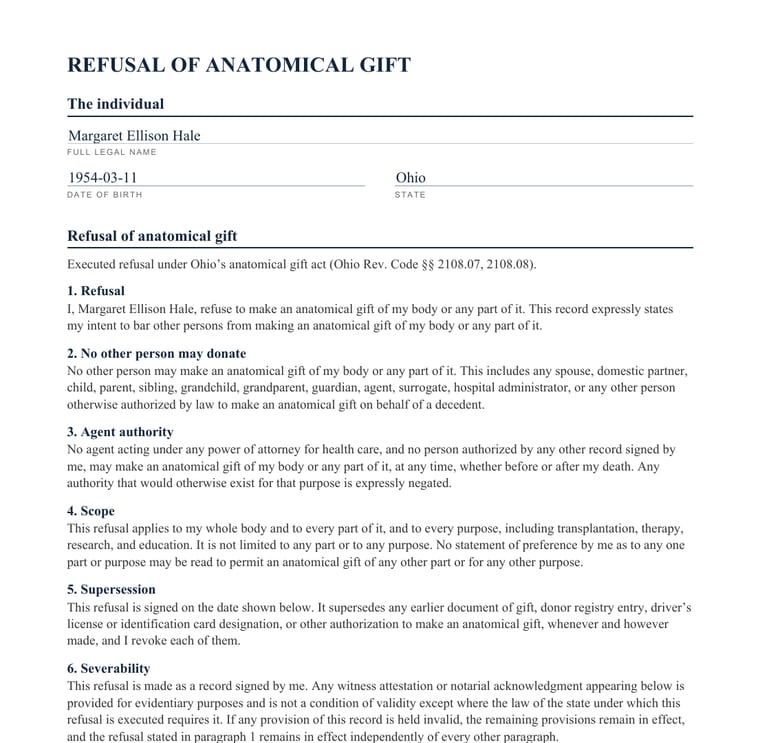 The first page of a refusal of anatomical gift created for a sample holder in Ohio, with her name, date of birth and state filled in