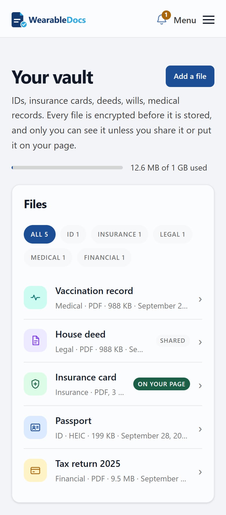 The vault on a phone: a vaccination record, a house deed marked Shared, an insurance card shown on the public record, a passport and a 2025 tax return, each in its folder.